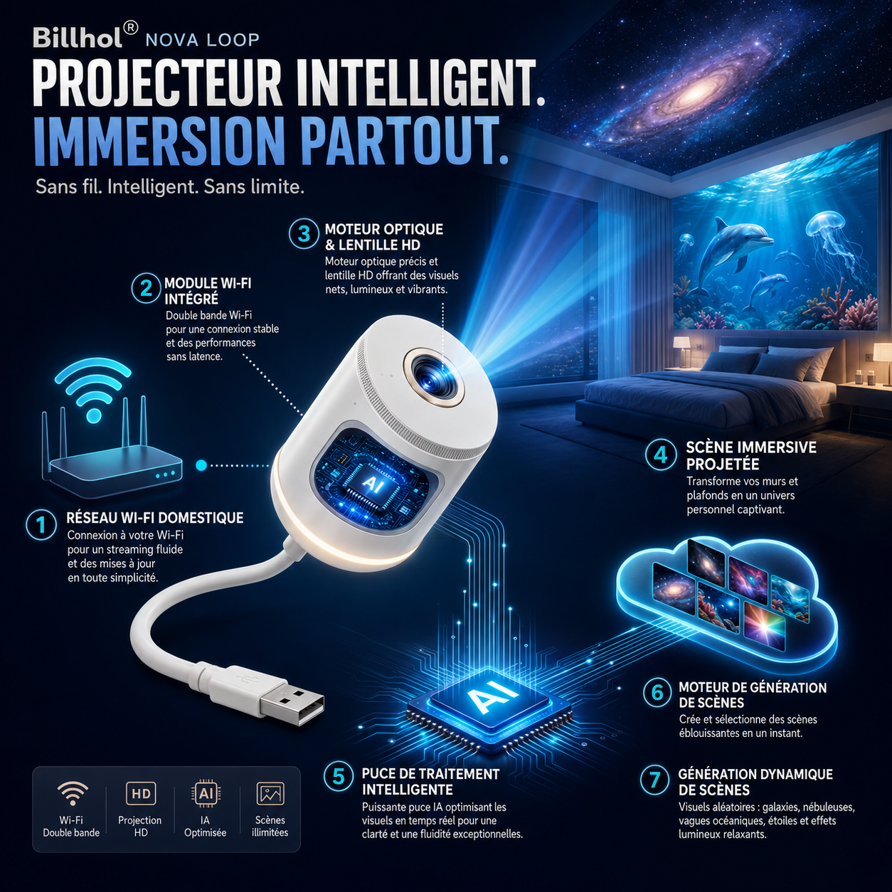 Billhol® Projecteur veilleuse intelligent – Ciel étoilé holographique 🔴